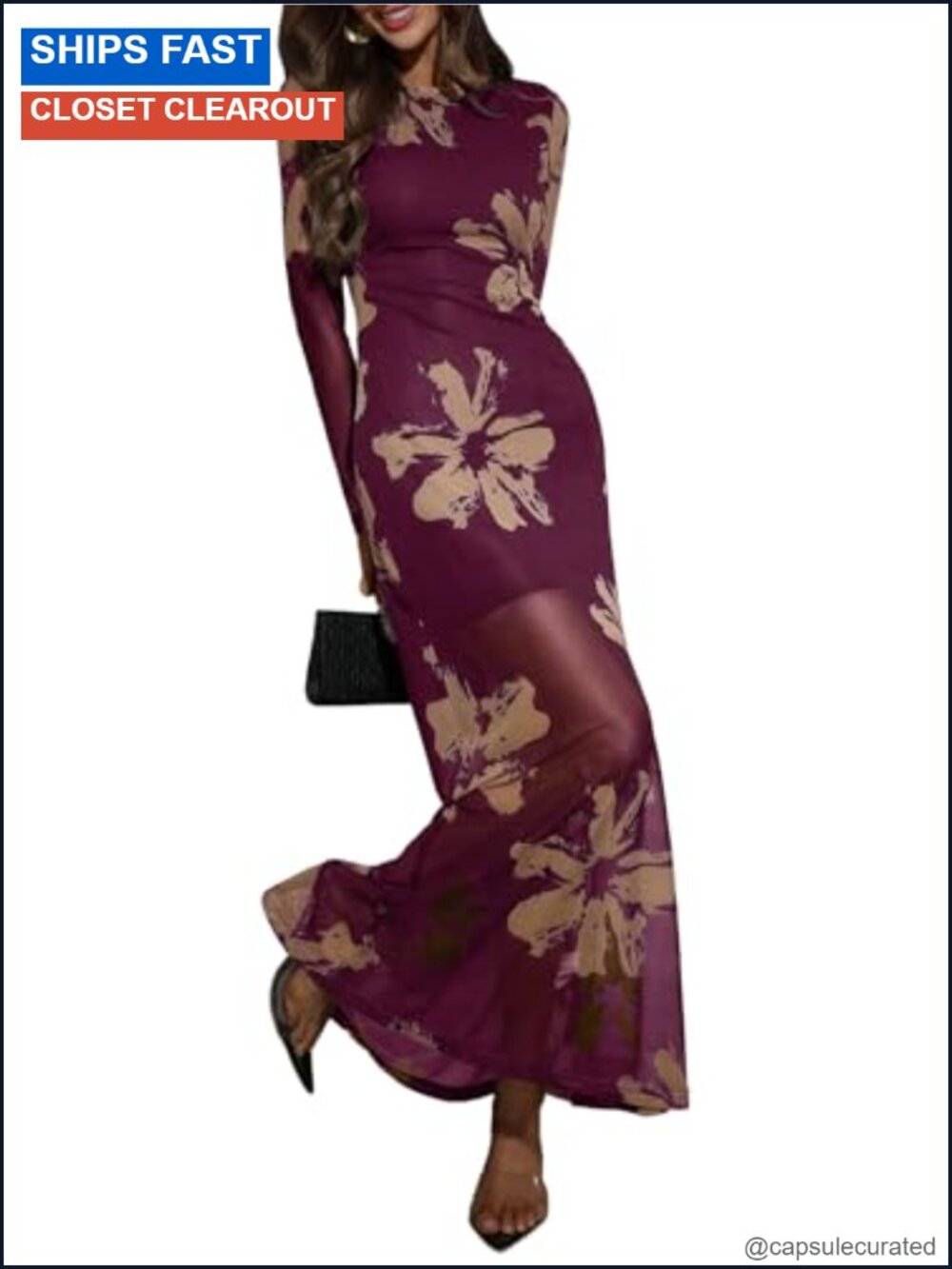 Long Sleeve Formal Dress Crew Neck Maxi Wrap Dress Wedding Guest Club Polyester
